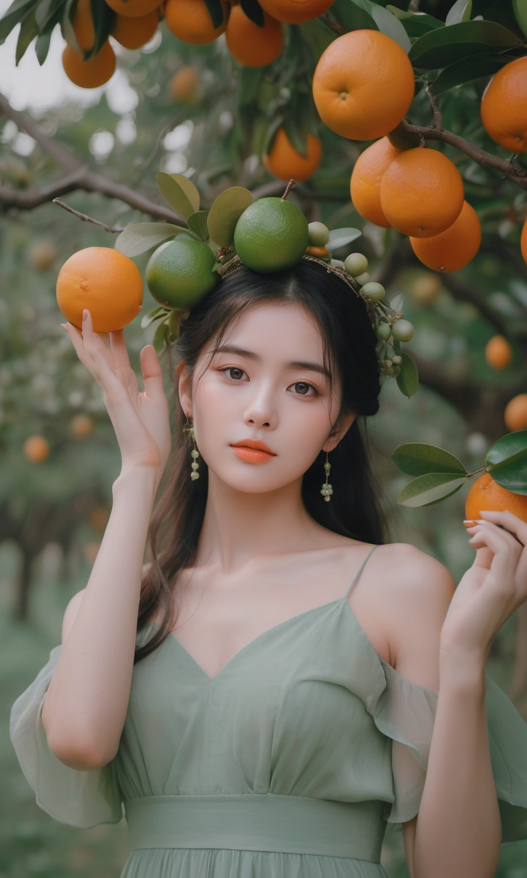 03979-1085136041-a woman in a green dress holding fruit on her head and a tree branch in her hand with oranges on it,in the style of cute and dre.png